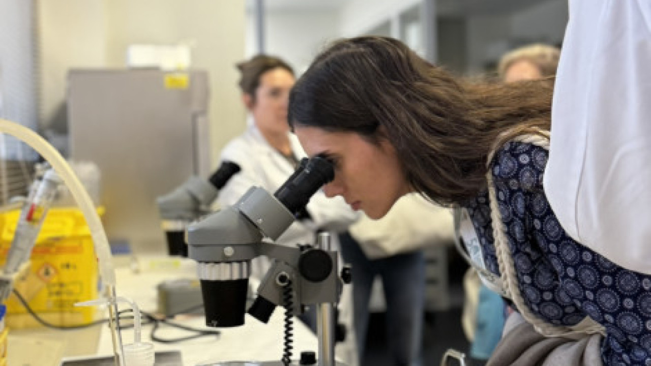 Una participante de la visita al CNA observa una muestra a través del microscopio