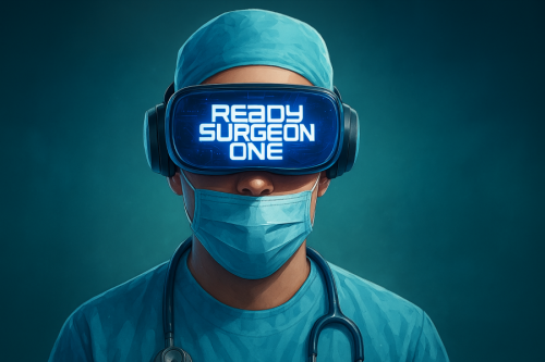 Un cirujano con gafas virtuales donde aparece escrito Ready Surgeon One. Imagen hecha con ChatGPT