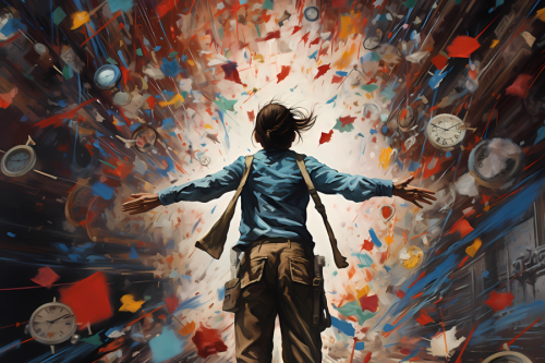 Dibujo de una chica frente a un caos de colores y relojes que caen hacia ella como una tormenta. Imagen de foupax en Pixabay