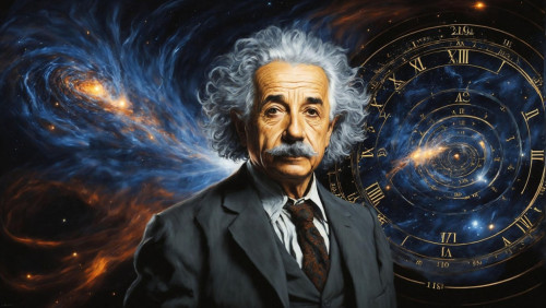 Albert Einstein frente a una galaxia y un reloj. Imagen de dlsd cgl en Pixabay