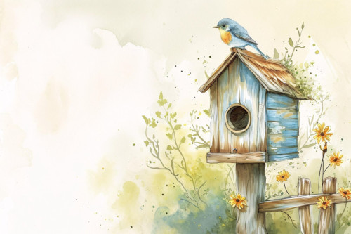 Dibujo de un pájaro sobre una caseta para pájaros. Imagen de Tyli Jura en Pixabay