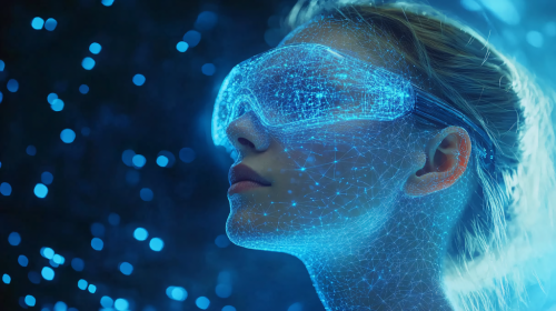 Una mujer inmersa en un mundo de datos con unas gafas compuestas de algoritmos luminosos. Imagen de Tyli Jura en Pixabay