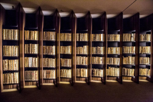 Fondo antiguo UC3M con nueve estantes llenos de libros antiguos.