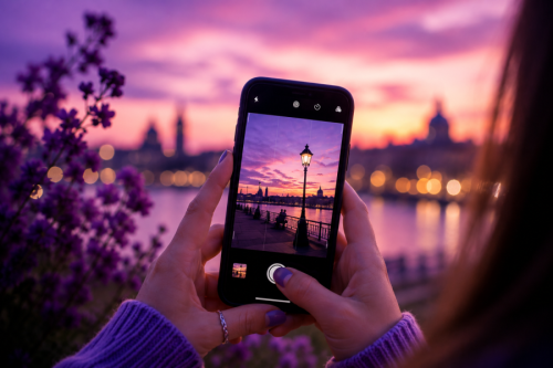 Una chica hace una foto de un puente al atardecer