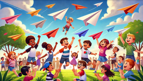 Niños y niñas volando aviones de papel