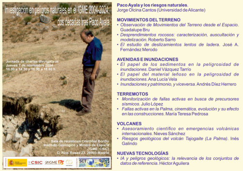 Cartel anunciando el programa de charlas Investigación en peligros naturales en el IGME 2004-2024. Dos décadas tras Paco Ayala