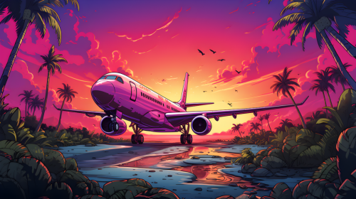 Avión colorido sobre un paisaje de palmeras al atardecer. Imagen de Sunny Daye en Pixabay