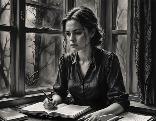 En blanco y negro una mujer escritora con mirada enfadada. Imagen de Nanne Tiggelman en Pixabay