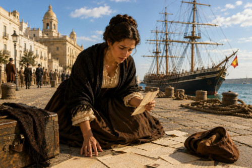 Mujer del siglo XIX arrodillada en el suelo en uno de los muelles del puerto de Cádiz recogiendo cartas manuscritas que se le han caído tras forcejear con unos ladrones.
