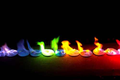 Once velas en fila ardiendo con fuegos de colores diferentes.
