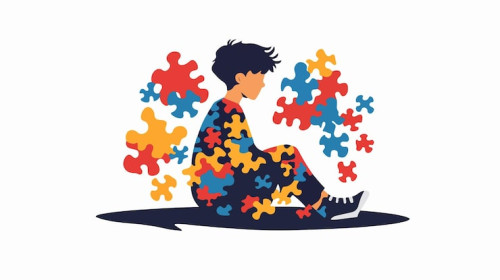 persona sentada con piezas de puzzle alrededor 