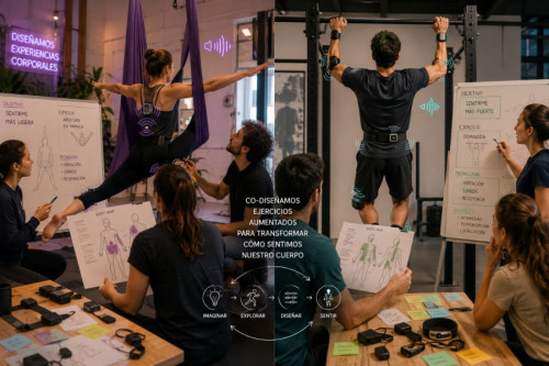 Imagen generada por IA muy caótica con dos escenarios en los que científicos y científicas observan a un atleta y a una atleta entrenando