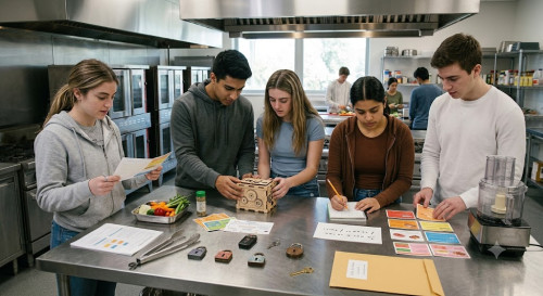 Estudiantes resolviendo pruebas sobre alimentación en una cocina