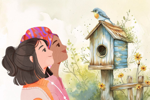 Dos muchachas de diferentes etnias observan a un pájaro sobre su caja nido