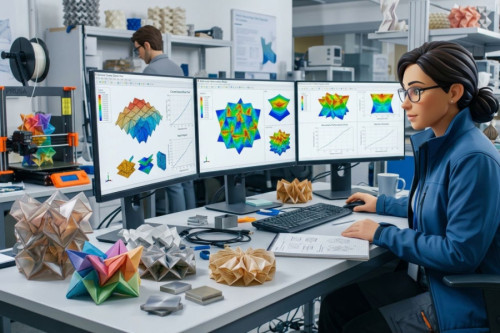 Una ingeniera analiza simulaciones numéricas de metaestructuras de origami para absorción de energía, rodeada de modelos físicos e impresión 3D en su laboratorio estructural.