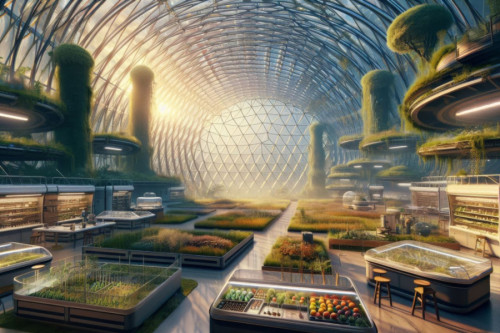 Escenario utópico con una ciudad modernizada rodeada de pequeños invernaderos