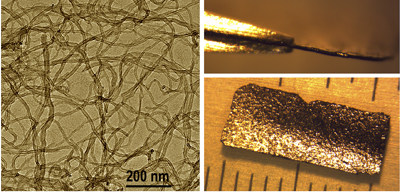 Material compuesto basado en el acetato de gadolinio y nanotubos de carbono. Derecha: vista a escala  nanométrica a través de un microscopio electrónico de transmisión. Izquierda: vista de la lámina (CSIC)