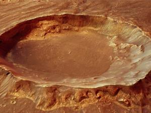 Vista en perspectiva del cráter en la Montaña de Thaumasia en Marte. / ESA/DLR/FU Berlin, CC BY-SA 3.0 IGO