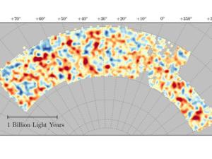 Mapa de la materia oscura realizada a partir de medidas de lente gravitatoria de 26 millones de galaxias por el Dark Energy Survey. / Chihway Chang del Kavli Institute for Cosmological Physics de la Universidad de Chicago, y la colaboración DES.