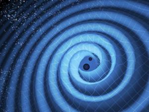 Ilustración de la fusión de dos agujeros negros y las ondas gravitacionales que ondulan hacia afuera mientras los agujeros negros se espiralan uno hacia el otro. / LIGO/T. Pyle
