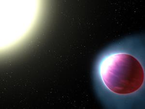 Imagen artística del planeta WASP 121b. La forma “abombada” del planeta es debida a las intensas fuerzas de marea que ejerce la estrella. / NASA, ESA, y G. Bacon (STSci)