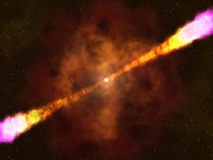 Recreación artística de una explosión de rayos gamma, que se cree que ocurre cuando una estrella masiva colapsa, forma un agujero negro y dispara chorros de partículas hacia fuera a casi la velocidad de la luz. / Goddard Space Flight Center de la NASA.